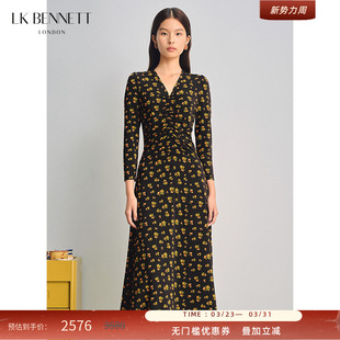 BENNETT黑色碎花连衣裙女春v领收腰优雅印花长裙 朱珠同款