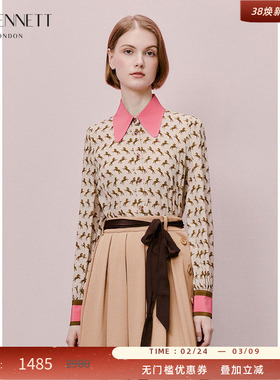 LK BENNETT卡其色印花上衣2025年春新款长袖撞色女小众设计感衬衫