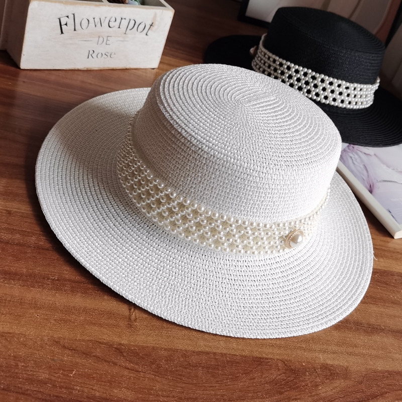 平顶帽子女夏季珍珠白色平沿帽子