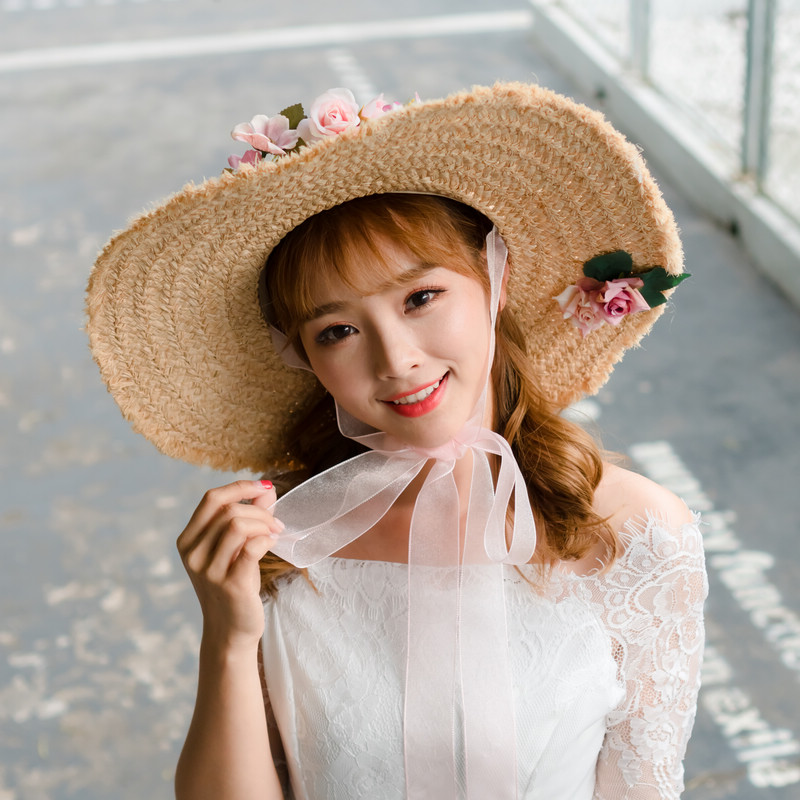 可爱花朵甜美绑带拉菲草沙滩帽