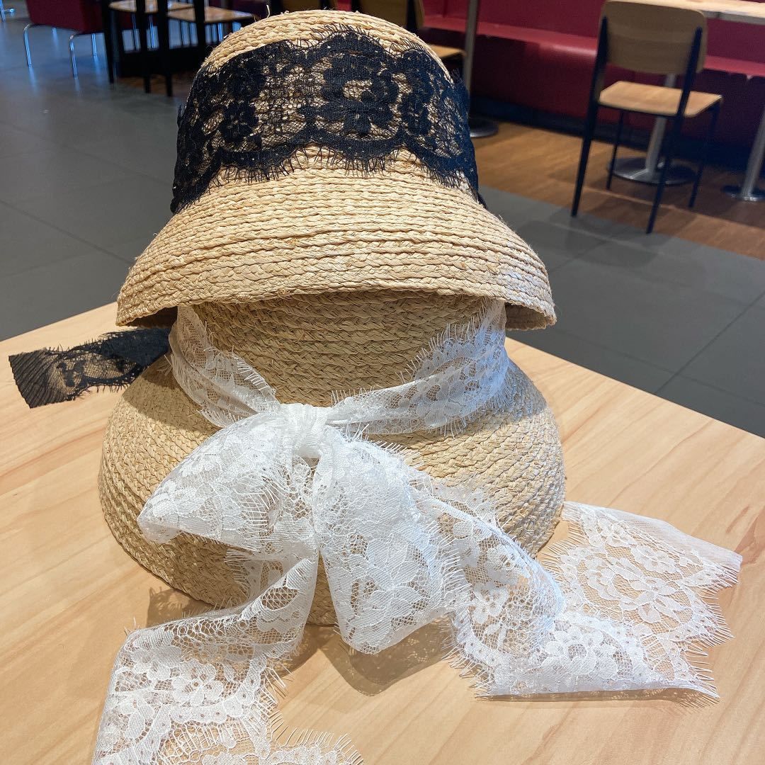 草帽蕾丝系带蝴蝶结海边遮阳防晒