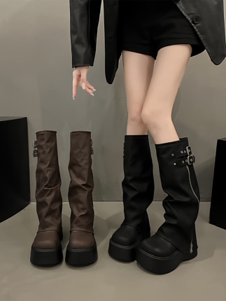 Women's Thick-Soled Platform Boots with Height Increase, 2026 Spring and Autumn New Style, Pleated Stacked Trouser-Leg Boots, High Boots for Petite Women