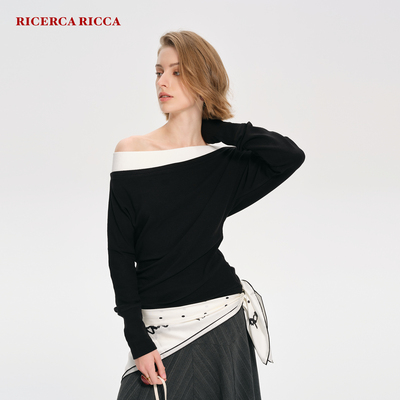 【RiRi】Ricerca Ricca 慵懒感斜肩假两件修身显瘦长袖T恤上衣女