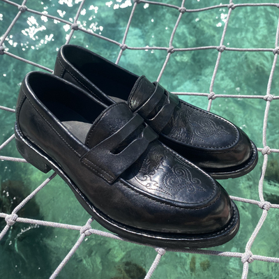 CATSSTAC 水洗马皮固特异鸢尾刺绣乐福皮鞋 一脚蹬 商务休闲