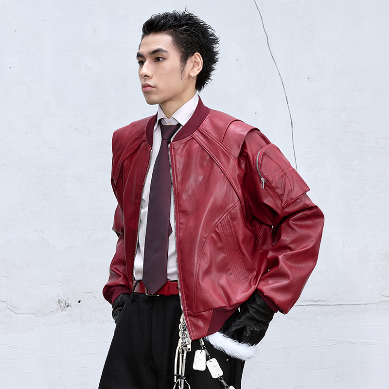 CATSSTAC 圣十字皮BOMBER发热棉服男cleanfit小众设计短款外套潮