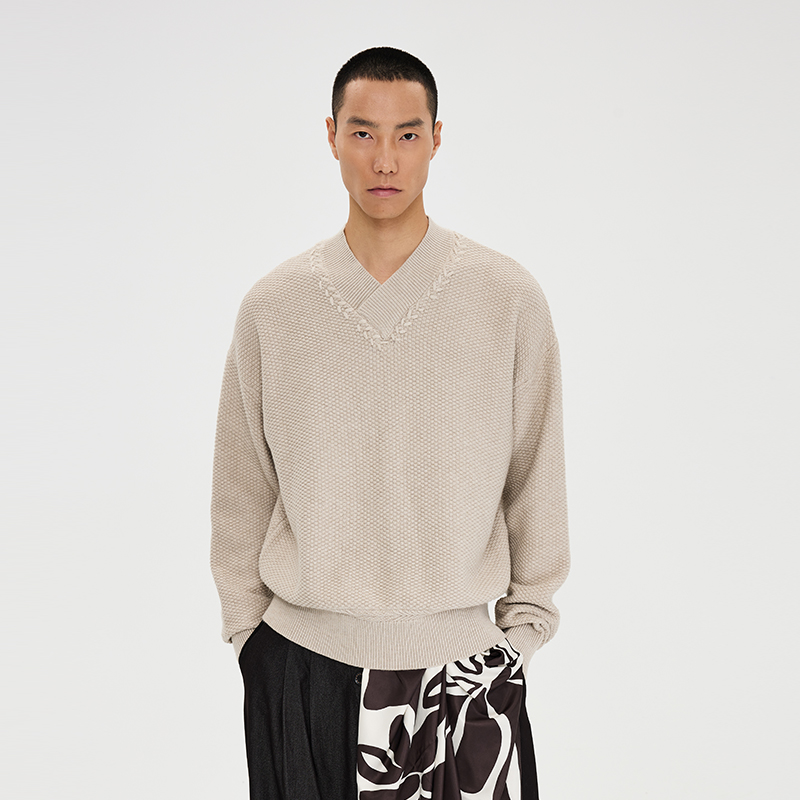 CATSSTAC 麦穗天丝V领毛衣 直筒微阔版型 立体编织 轻奢质感