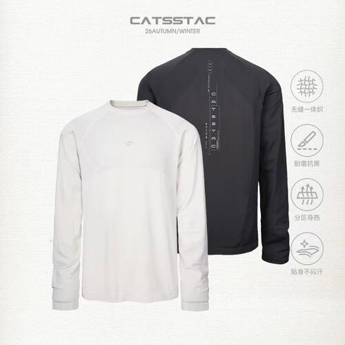CATSSTAC 暗源一体织印花运动长袖T恤 无缝一体 户外运动打底衫