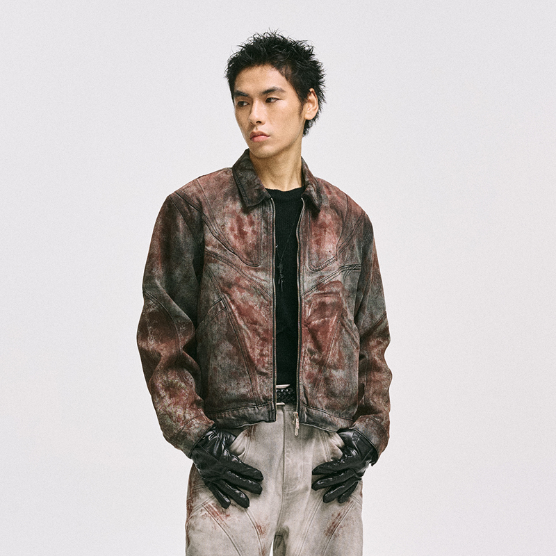 CATSSTAC 鹿角铁锈红牛仔外套男小众设计水洗做旧高级感短款夹克