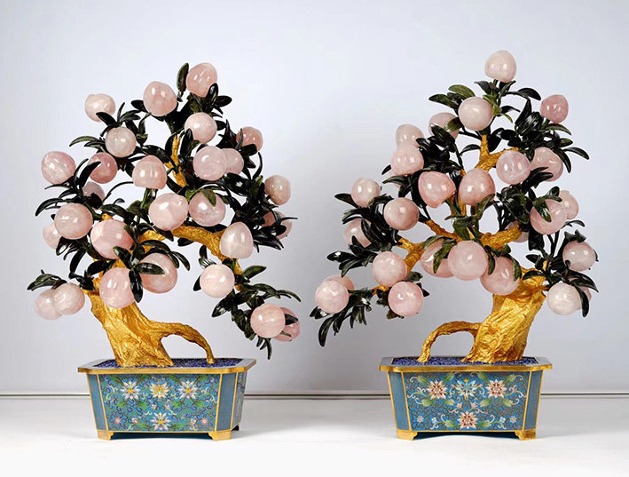 北京特色景泰蓝玉石盆景粉水晶寿桃盆景玉石中式摆件艺术品