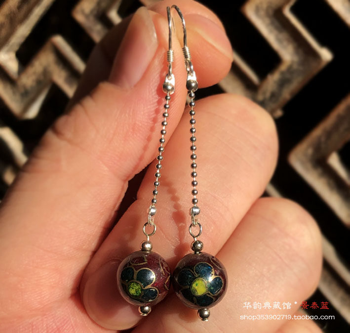 正宗北京景泰蓝耳坠 库存老货银蓝珠子 古装旗袍百搭首饰生日礼物