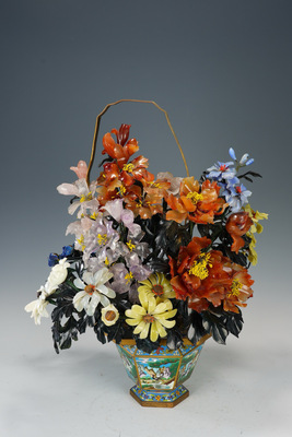 海外回流创汇早期精品景泰蓝玉石盆景花果篮收藏艺术品古玩杂项