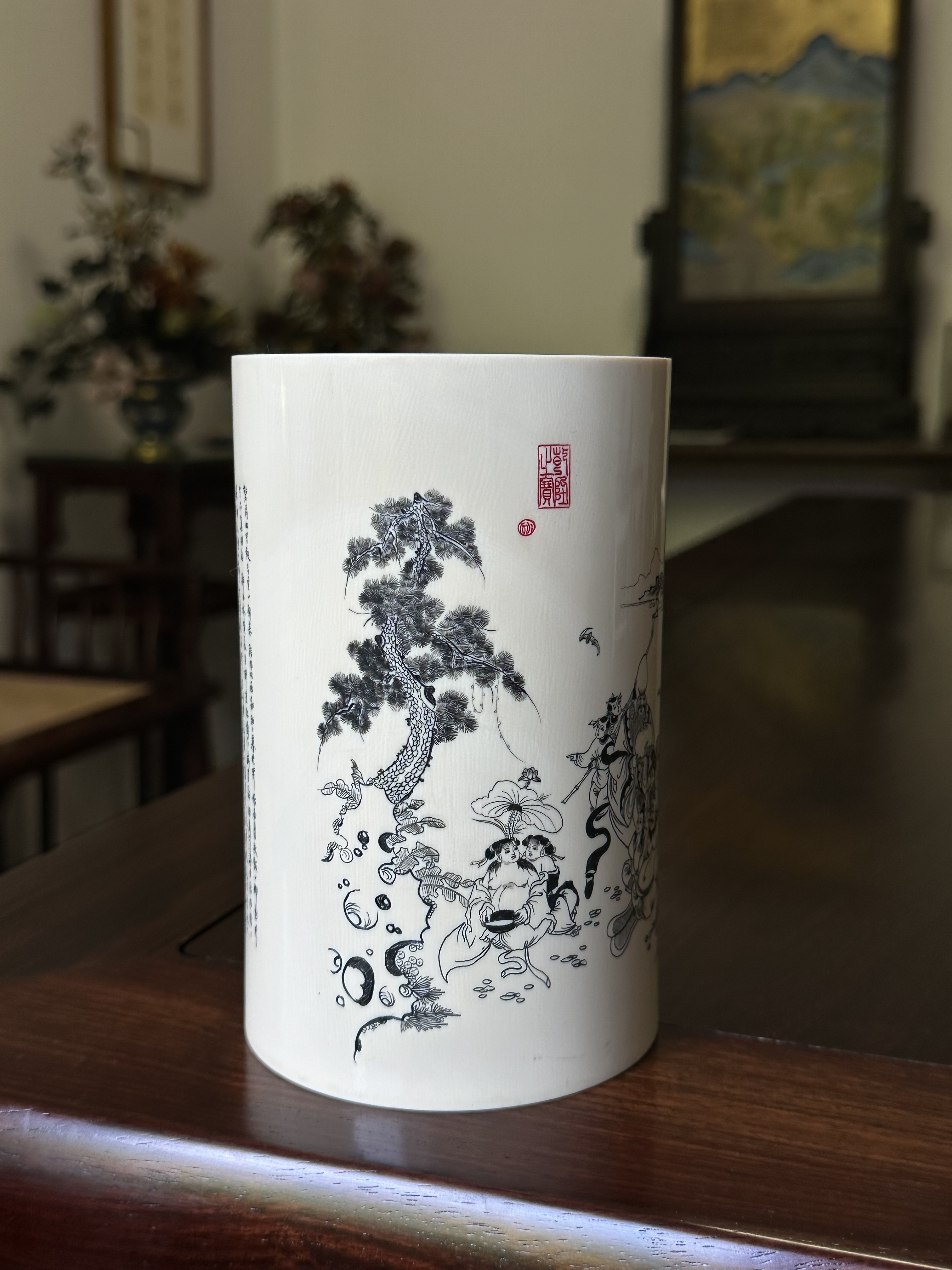 猛犸牙雕笔筒平刻京工手工技艺燕京八绝艺术品收藏文玩