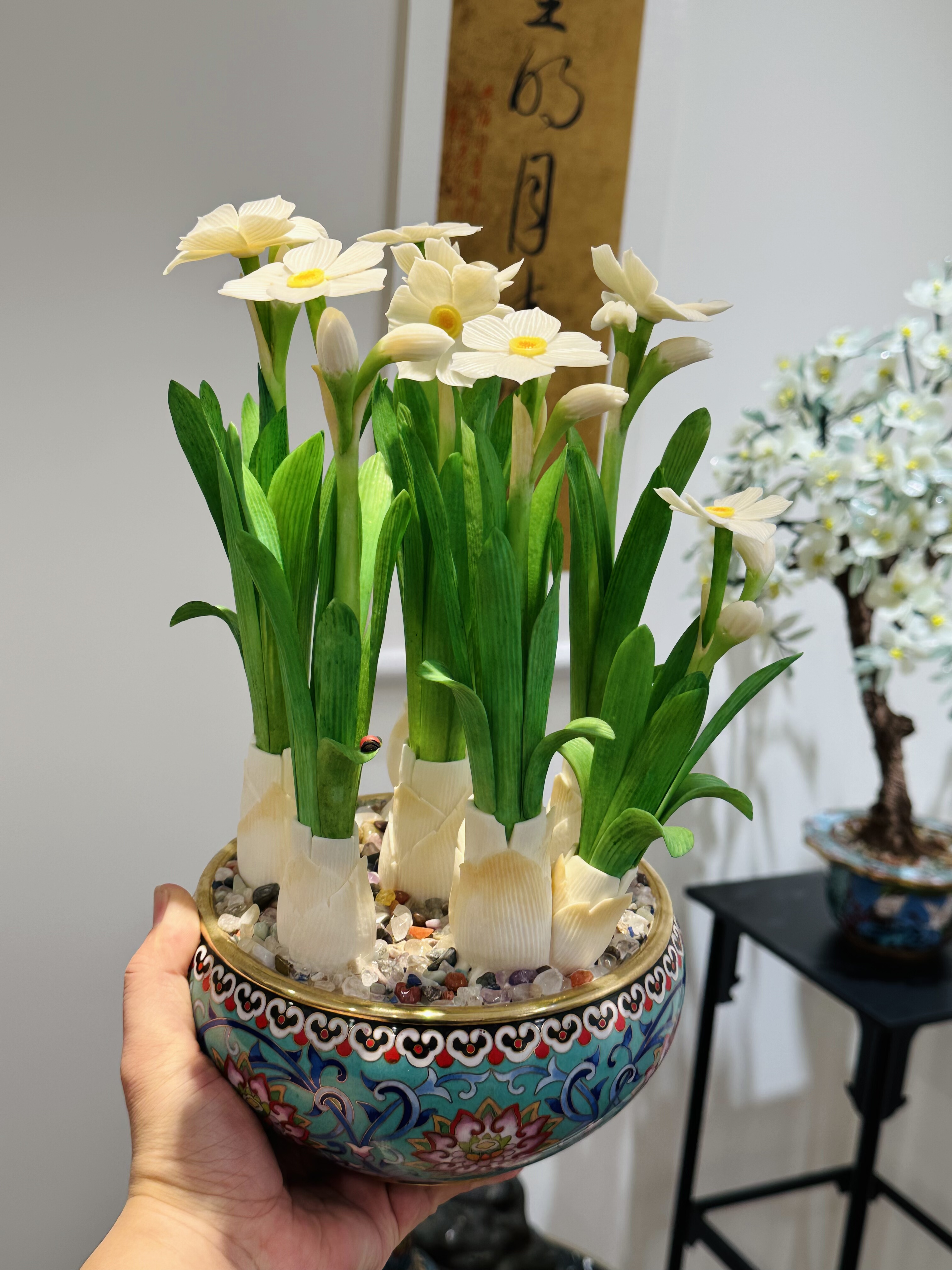 宫廷式景泰蓝骨雕水仙花传承北京牙雕技艺中式摆件艺术品收藏