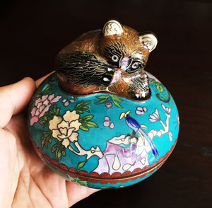 库存老货 70年代 老银蓝工艺 景泰蓝粉盒 熊猫盒 外事礼品 摆件