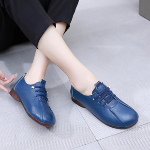 真皮平底单鞋上海花牌深口手工小皮鞋低跟软底妈妈鞋舒适防滑女鞋