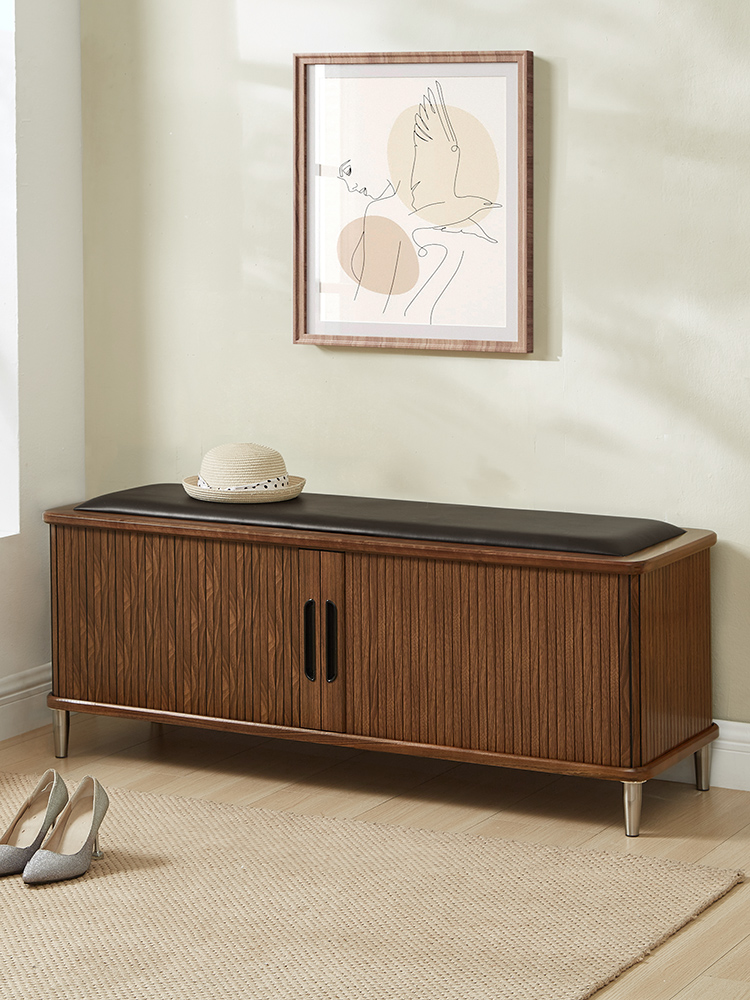 璀璨夺木实木换鞋凳家用门口北美黑胡桃木卷帘门穿鞋凳推拉门鞋柜