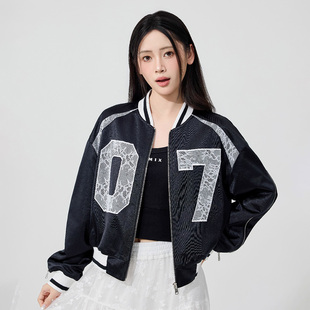 MYMIX美式复古蕾丝拼接棒球服外套女秋季新款宽松休闲百搭夹克