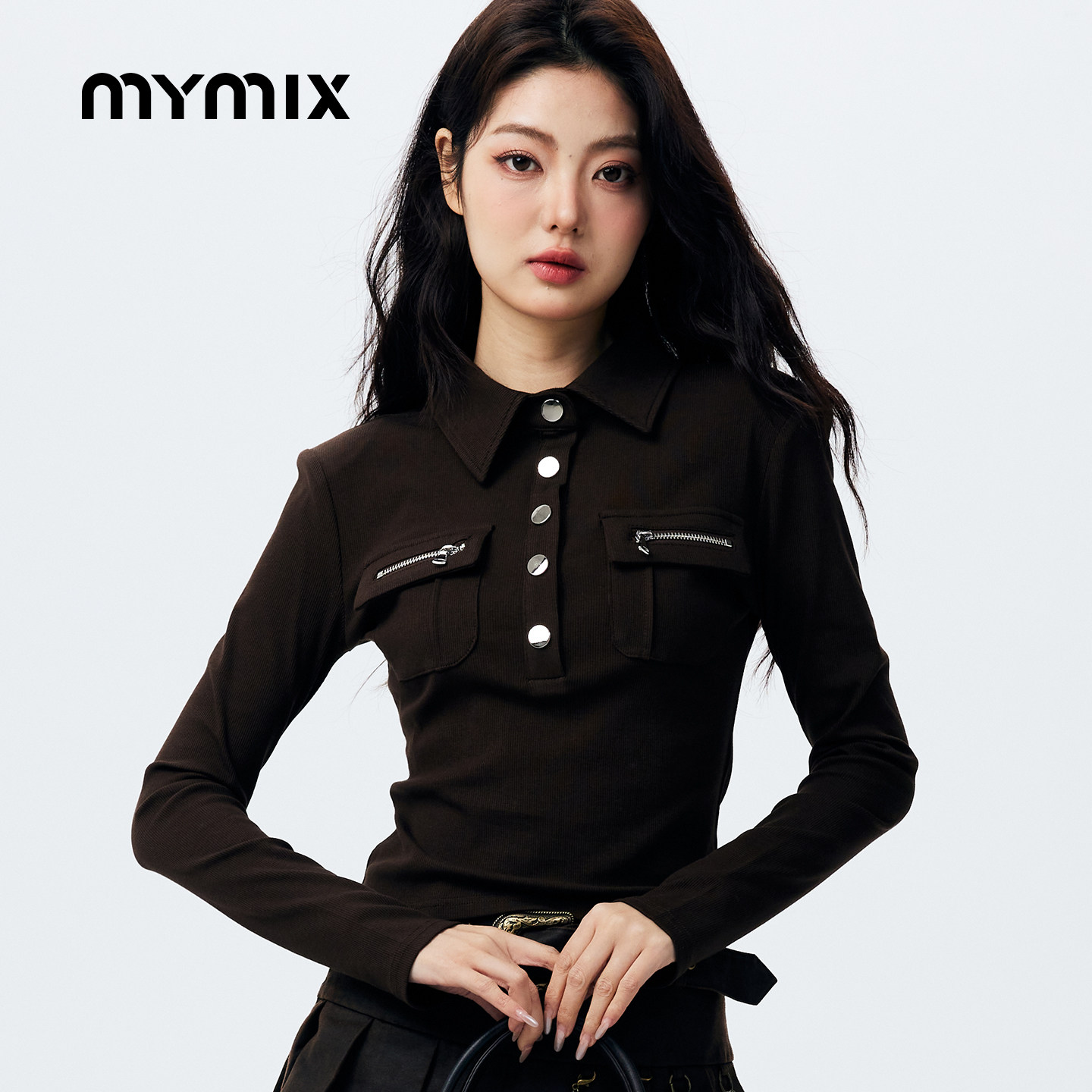 【26年春季】MYMI休闲简约高级风高领修身短款翻领长袖T恤女装