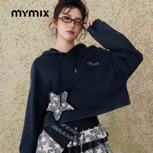 复古做旧百搭女宽松休闲水洗短款 MYMIX美式 连帽卫衣 25秋新品