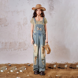 【25夏新品】MYMIX牛仔背带裤女装设计感小众刺绣蝴蝶破洞直筒裤