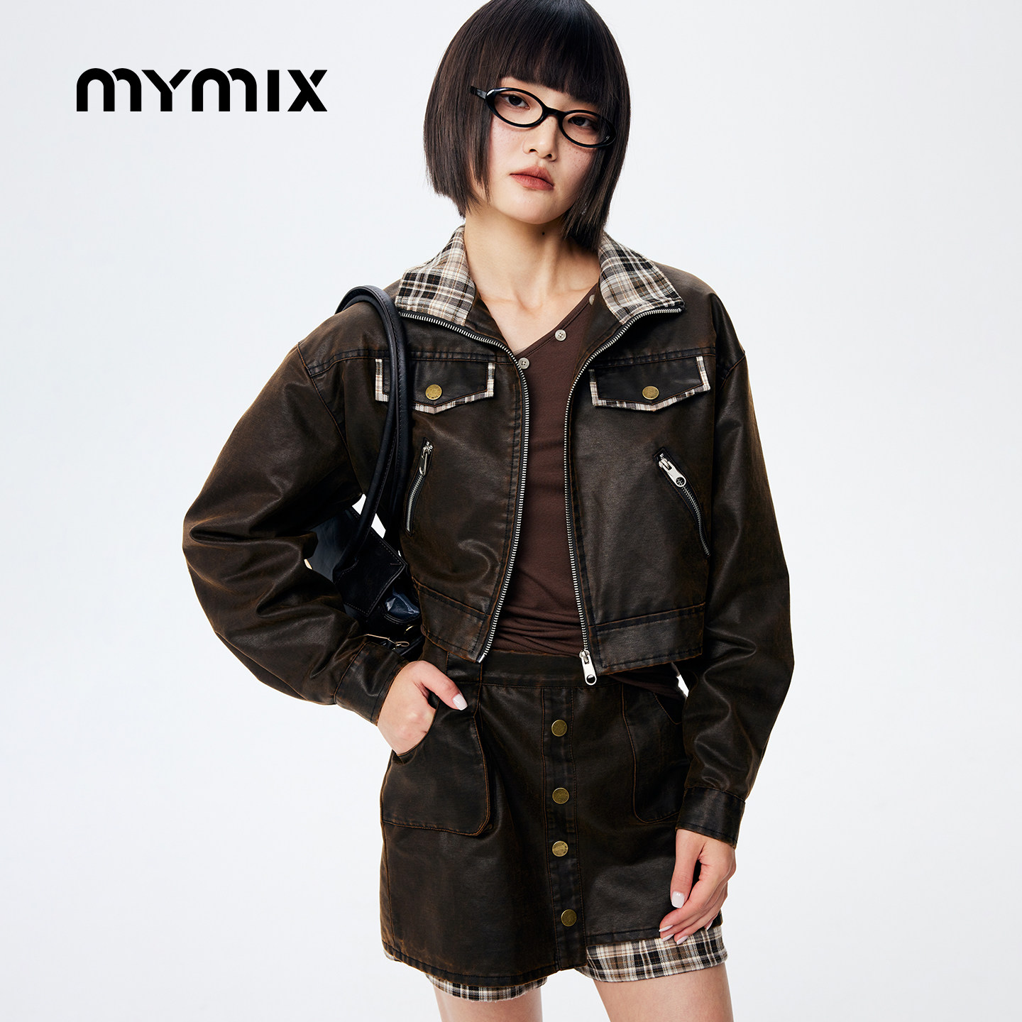 【26年春季】MYMIX时尚套装休闲格纹撞色拼接短款廓形套裙女装