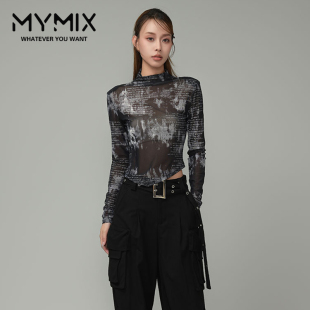 女装 新款 时尚 百搭高领不规则打底衫 T恤 MYMIX我 长袖 组合2024冬季