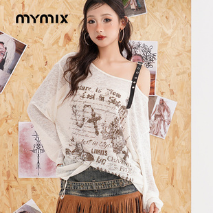 印花廓形长袖 MYMIX街头辣妹斜肩系带罩衫 T恤 25秋新品