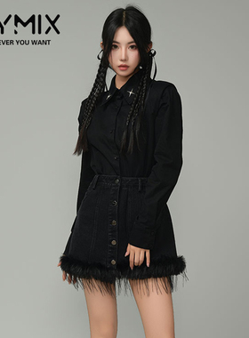 MYMIX我的组合2024冬季新款女装翻领收腰卷边纯色黑色牛仔连衣裙