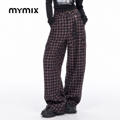 mymix高腰阔腿格纹显瘦休闲裤