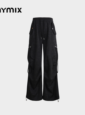 【25冬新品】MYMIX松紧腰抽绳高腰工装裤黑色多口袋直筒长裤女