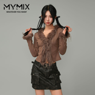时尚 新款 单品V领绑带开衫 内搭长袖 T恤 MYMIX我 短款 组合2024冬季