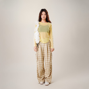 【25夏新品】MYMIX辣妹休闲裤女宽松高腰阔腿裤黄色格纹直筒裤子