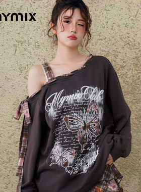 【25秋新品】MYMIX美式复古辣妹风女T恤蝴蝶印花露肩款式长袖卫衣