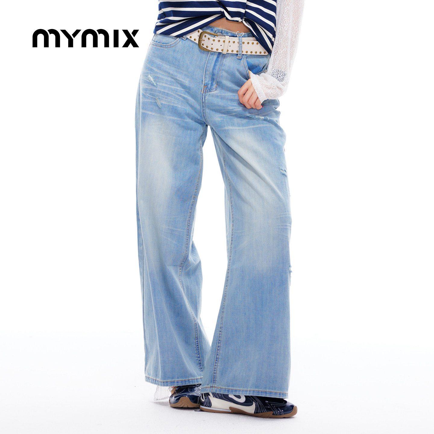 mymix26秋季新款商场同款水洗破洞高腰修身阔腿牛仔长裤官方女装