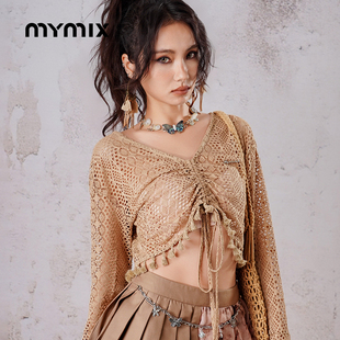 【25夏新品】MYMIX少女装甜酷V领泡泡袖宽松毛针织开衫外套小衫女