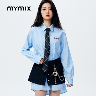 【26春新品】MYMIX韩系简约休闲字母刺绣翻领短款长袖连身裙女装