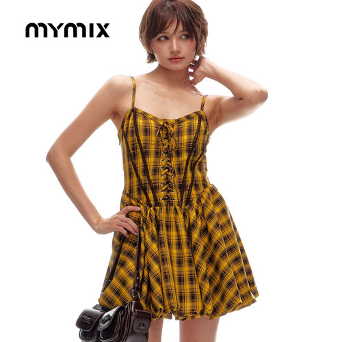 MYMIX夏新品格纹修身吊带连身裙