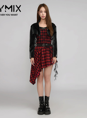 MYMIX我的组合2024秋季新款复古时尚格子红色不规则吊带连衣裙