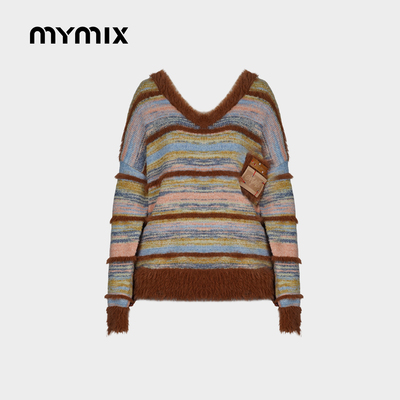 【25冬新品】MYMIX复古撞色条纹套头V领毛衣宽松慵懒风针织衫上衣