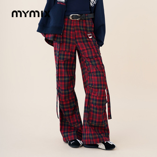 复古红格纹拼接设计感小众休闲高腰直筒裤 MYMIX美式 25秋新品