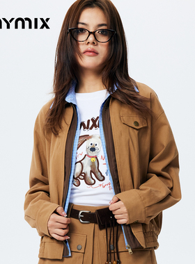 【26春新品】MYMIX百搭休闲撞色拼接廓形拉链短款休闲夹克女装