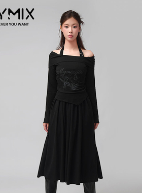 MYMIX我的组合2024秋季新款女装挂脖吊带露肩黑色长袖连身长裙