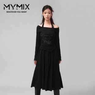 挂脖吊带露肩黑色长袖 MYMIX我 女装 新款 连身长裙 组合2024秋季