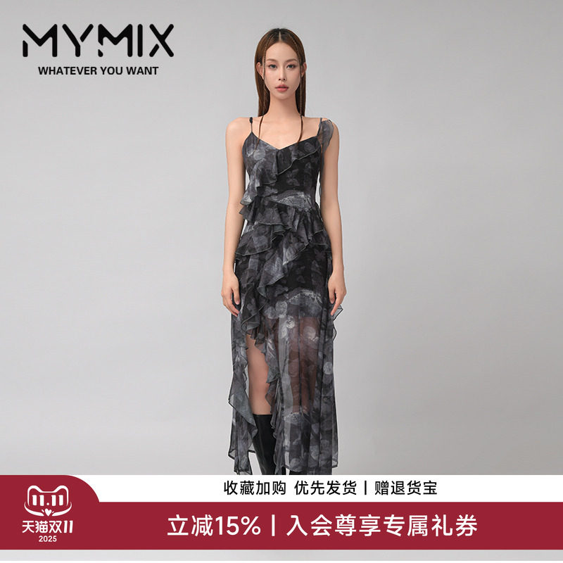 MYMIX我的组合2024秋季新款优雅气质不规则收腰开叉黑色吊带长裙