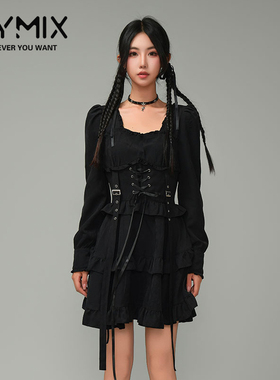 MYMIX我的组合2024冬季新款甜美公主风圆领绑带黑色短裙连衣裙