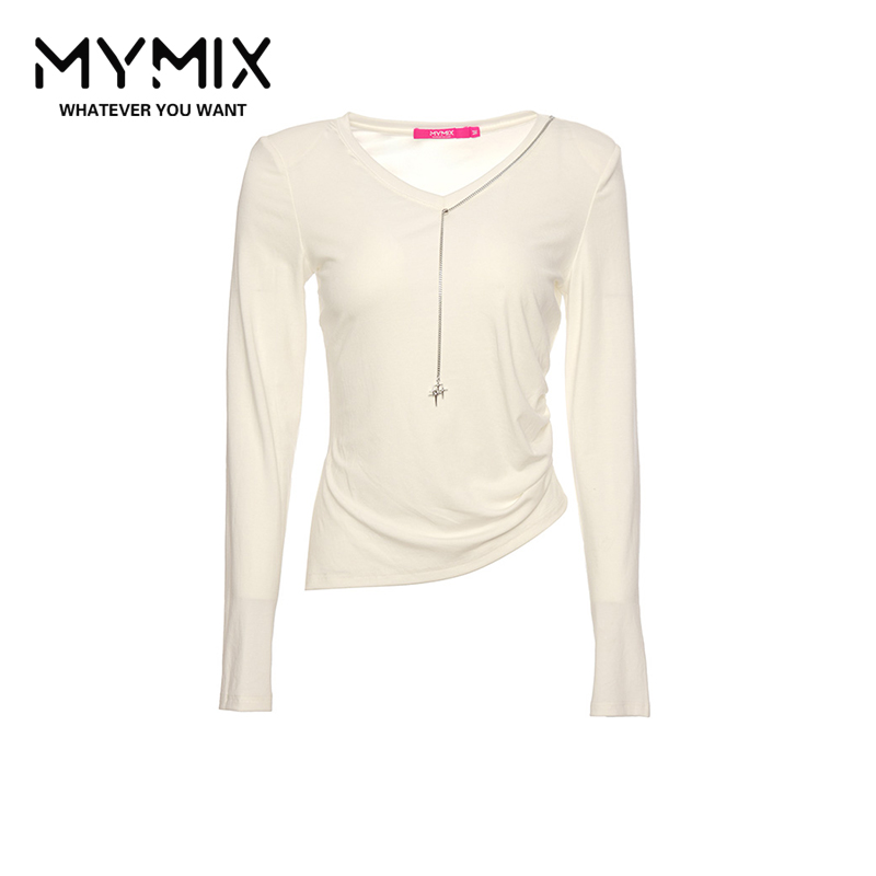 不规则纯色长袖短款T恤