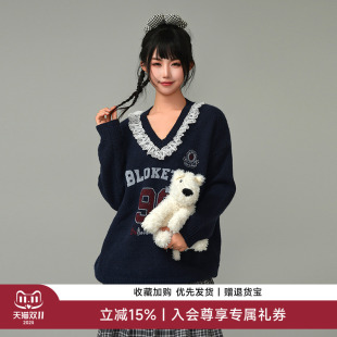 针织衫 MYMIX慵懒v领蕾丝花边拼接针织字母印花廓形长款 长袖