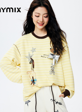 【26春新品】MYMIX卡通涂鸦贴布廓形宽松落肩袖长款针织衫女装