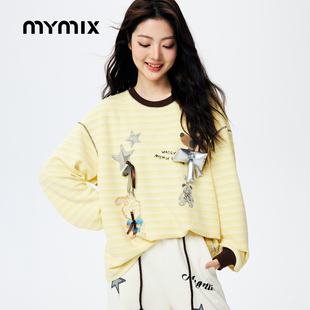 【26春新品】MYMIX卡通涂鸦贴布廓形宽松落肩袖长款针织衫女装