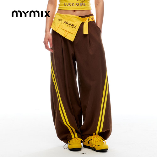 MYMIX夏季高腰抽绳拼接休闲裤